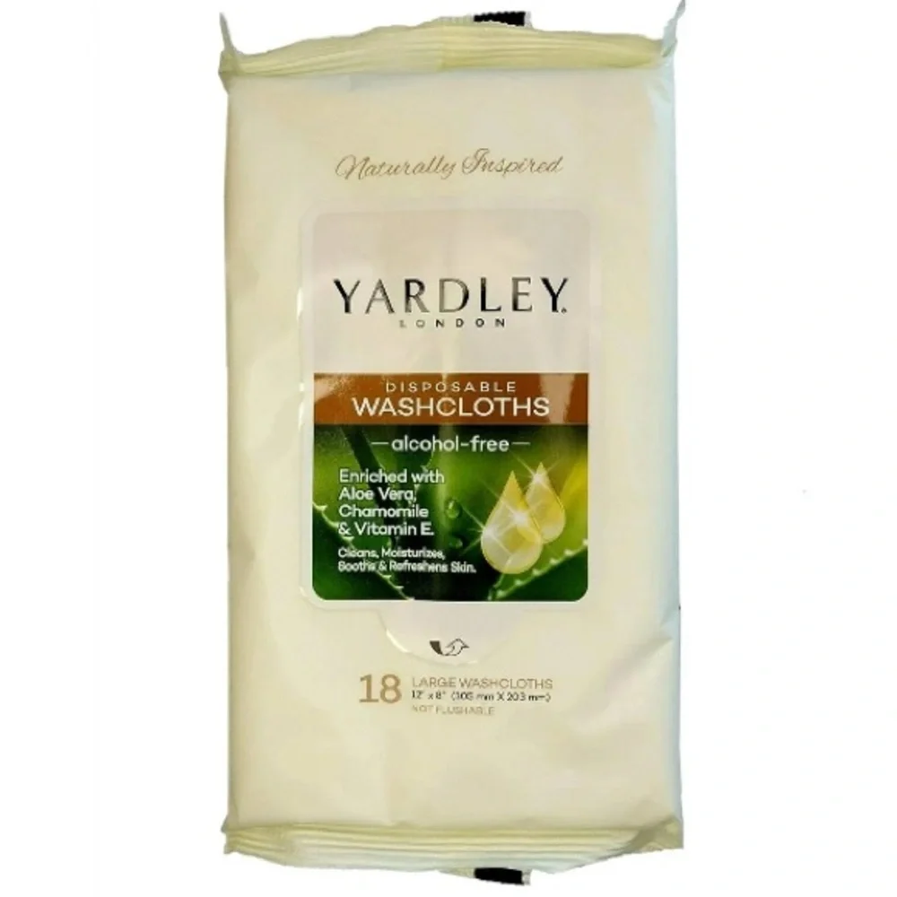 2 YARDLEY LONDON 18 DISPOSABLE WASHCLOTHS WITH ALOE VERA, CHAMOMILE & VITAMIN E.